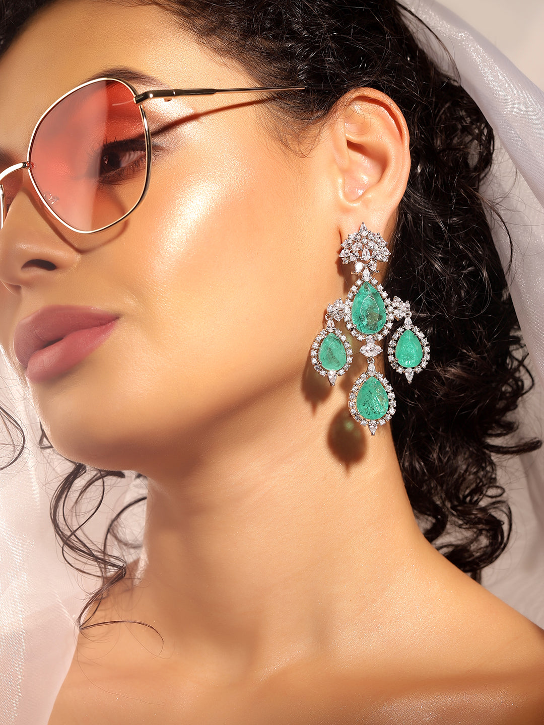 Green Colour Silver Plated AD Drop Earring