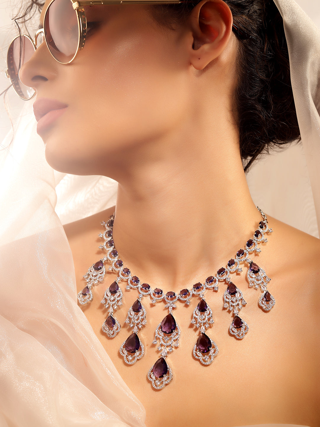 Emethyst Colour Silver Plated AD Jewellery Set