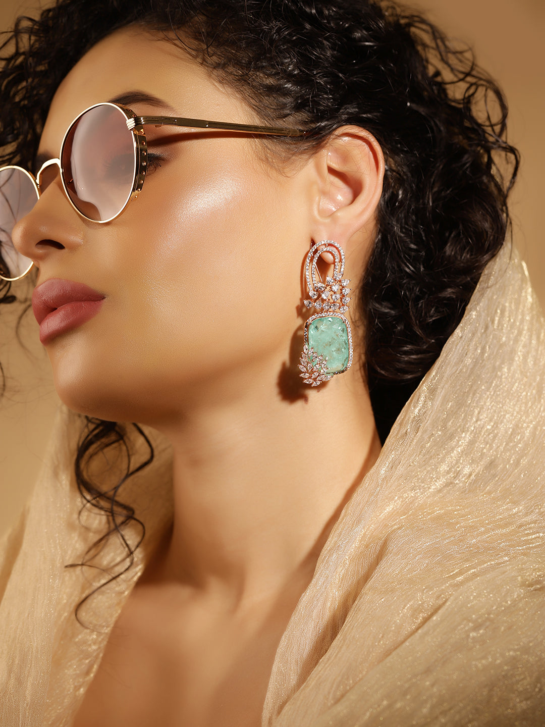 Green Colour Silver Plated AD Drop Earring