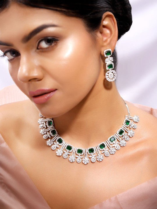 Ishin Green  Colour Silver Plated American Diamond Jewellery Set