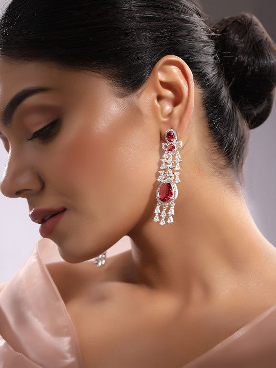Ishin Red Colour Silver Plated American Diamond Drop Earring
