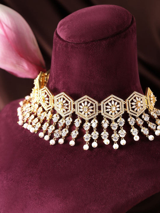 Ishin White  Colour Gold Plated American Diamond Jewellery Set
