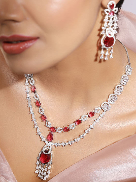 Ishin Red  Colour Silver Plated American Diamond Jewellery Set