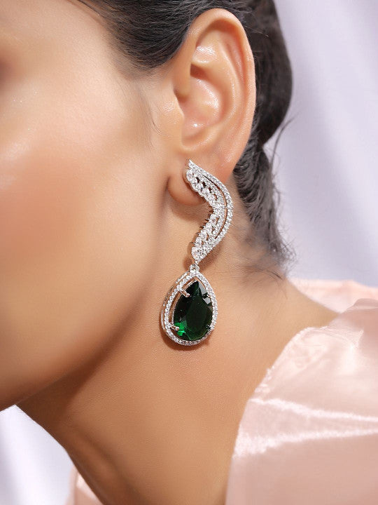 Ishin Green Colour Silver Plated American Diamond Drop Earring