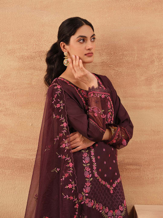 Ishin Women Wine Roman Silk 3Pcs Kurta Set