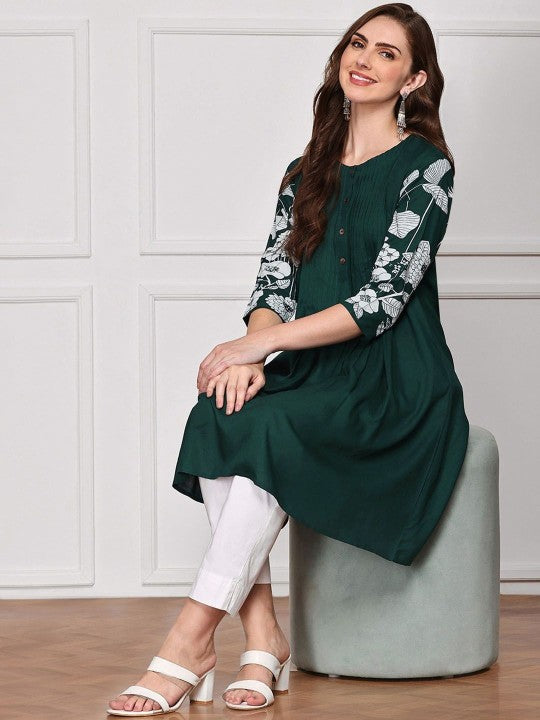 Comfy Green Viscose Rayon Floral Printed Aline Fit Kurta