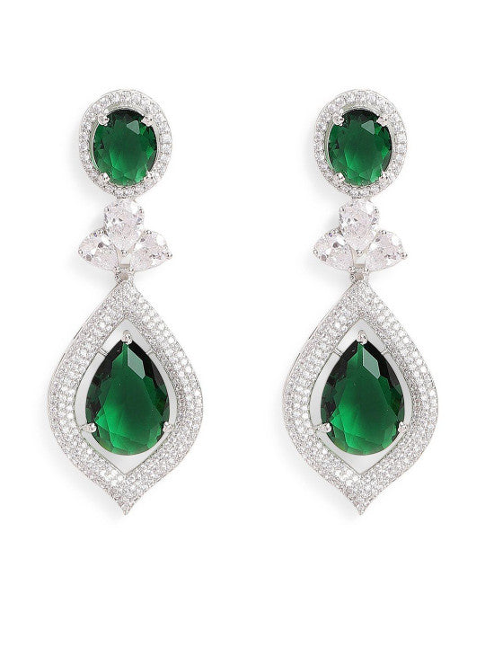 Ishin Green Colour Silver Plated American Diamond Drop Earring
