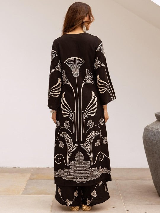 Soft Black Viscose Rayon Printed Straight Fit Kurta Set
