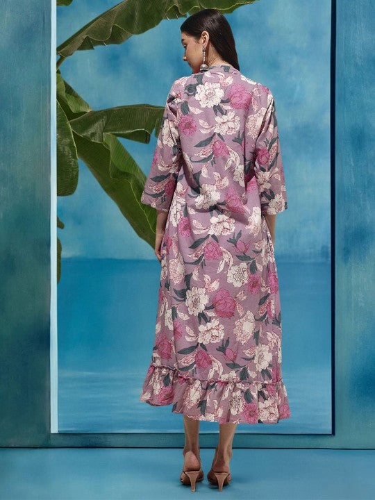 Comfy White Cotton Blend Solid Tiered Dress With Floral Printed Jacket