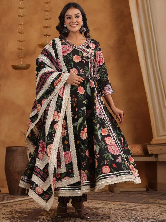 Graceful Black Cotton Floral Printed & Embroidered Angrakha Fit Kurta Set With Dupatta