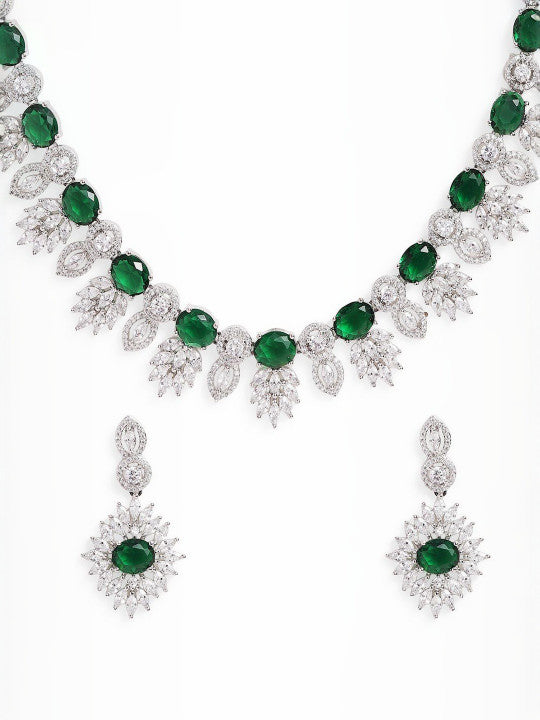 Ishin Green  Colour Silver Plated American Diamond Jewellery Set