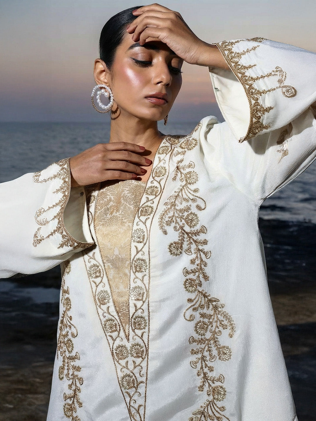 Rich Cream Relaxed  Embroidered Abaya