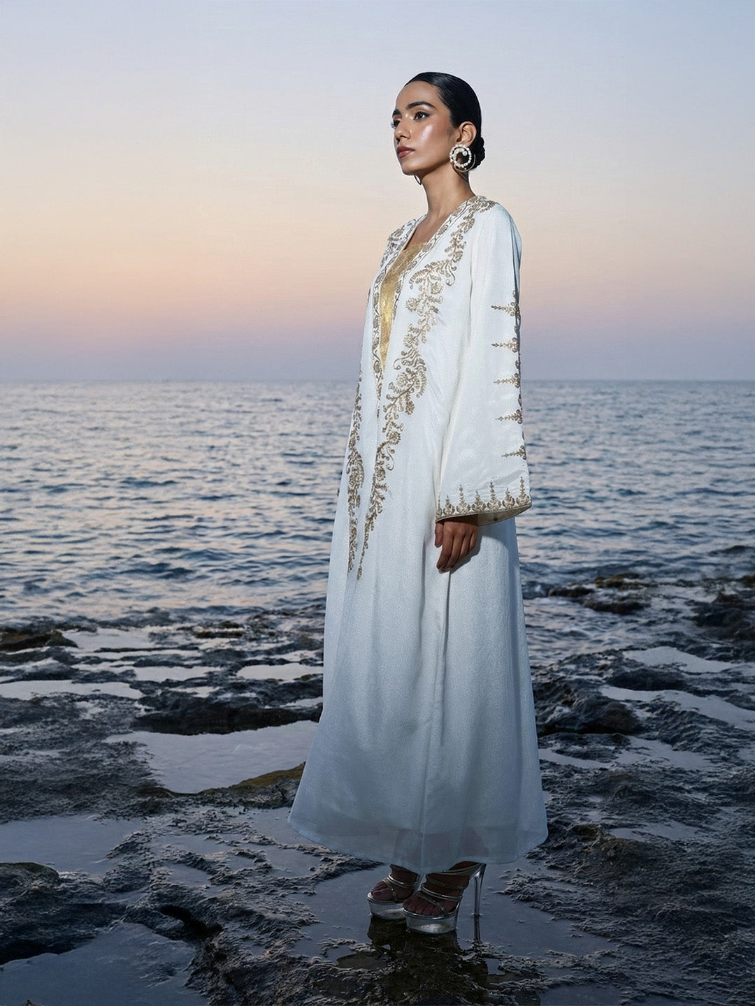 Rich Cream Relaxed  Embroidered Abaya