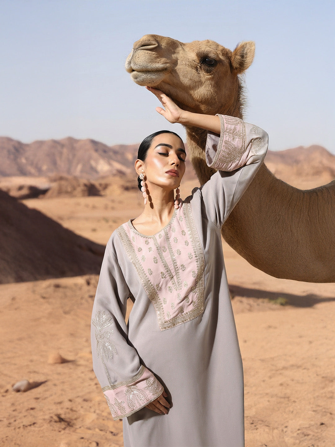 Rich grey Relaxed  Embroidered Abaya