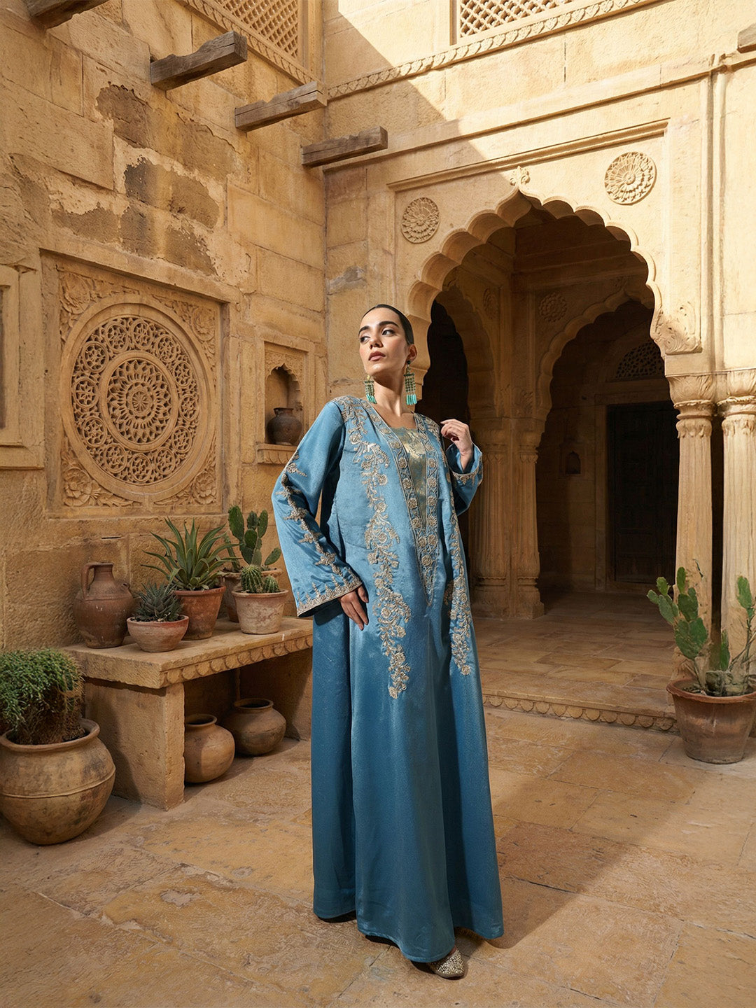 Rich Blue Relaxed  Embroidered Abaya
