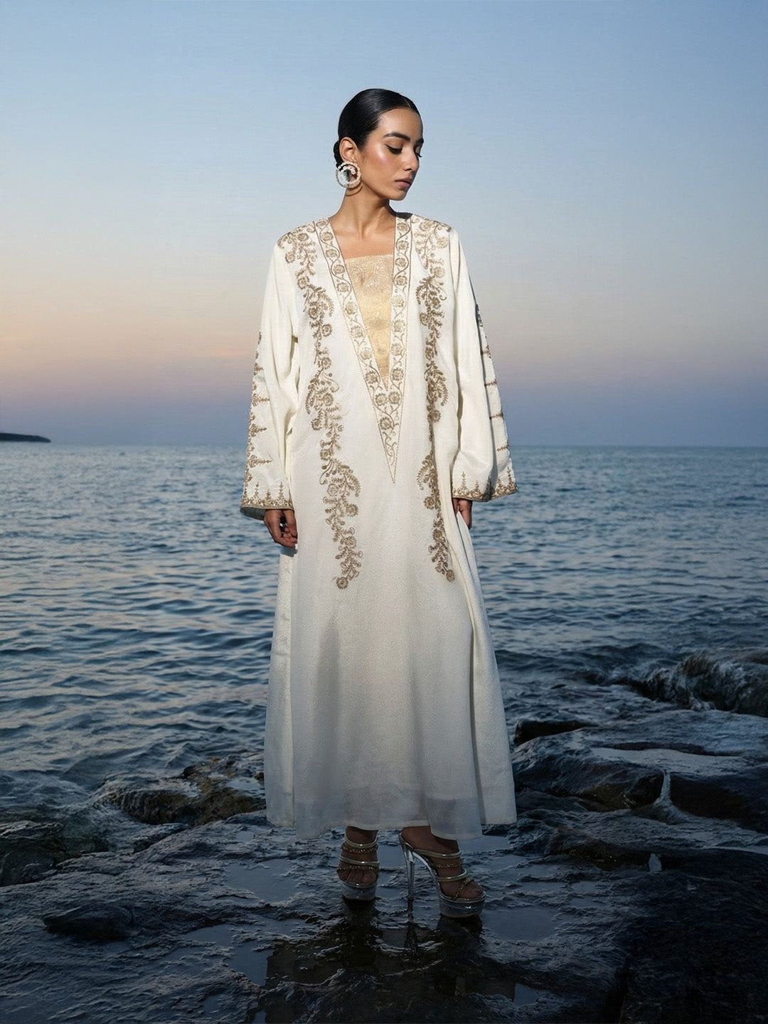 Rich Cream Relaxed  Embroidered Abaya