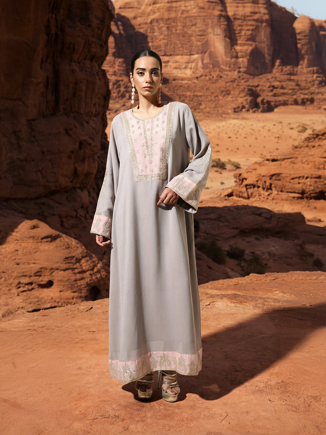 Rich grey Relaxed  Embroidered Abaya