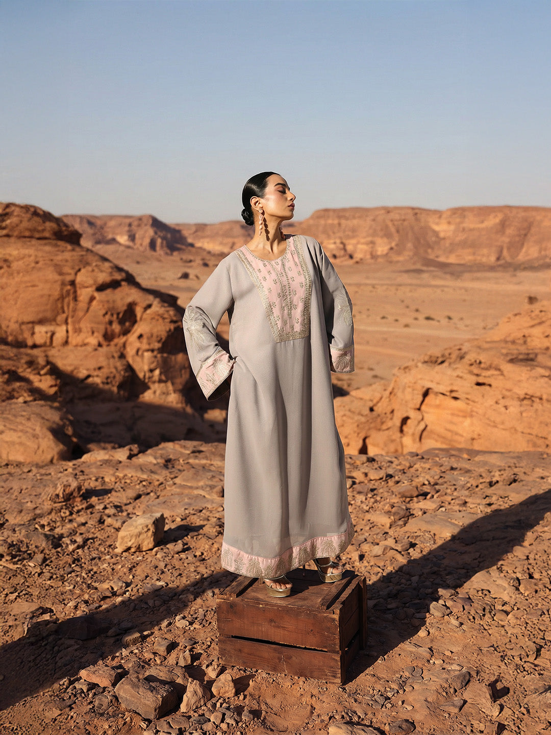 Rich grey Relaxed  Embroidered Abaya