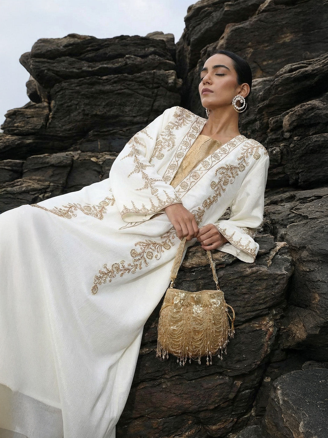 Rich Cream Relaxed  Embroidered Abaya