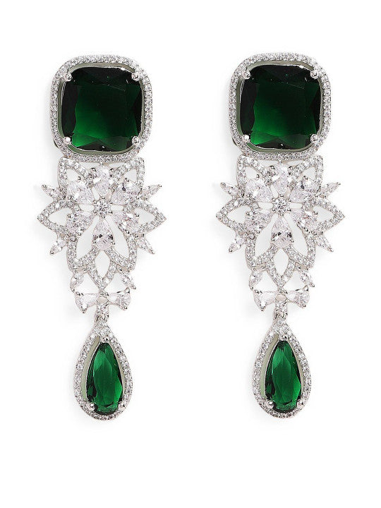 Ishin Green Colour Silver Plated American Diamond Drop Earring