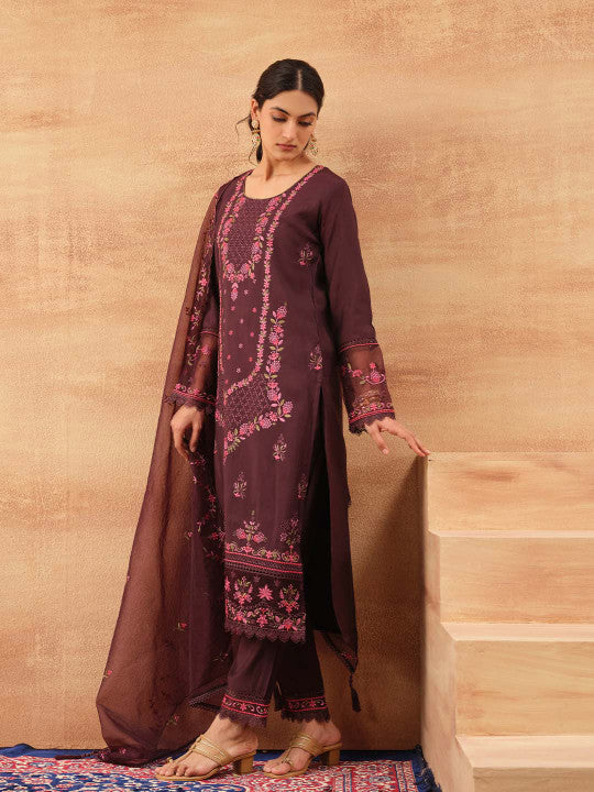 Ishin Women Wine Roman Silk 3Pcs Kurta Set