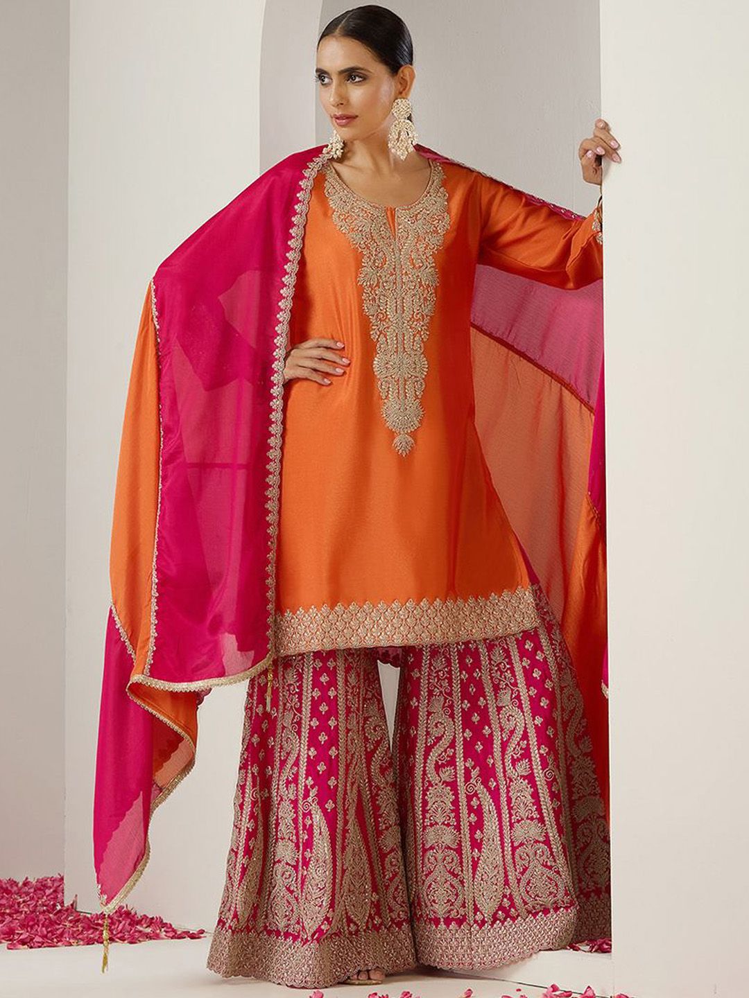 Chinon Orange And Pink Zari Embroidered Kurta Set With Sharara Bottom And Silk Blend Tassel Dupatta