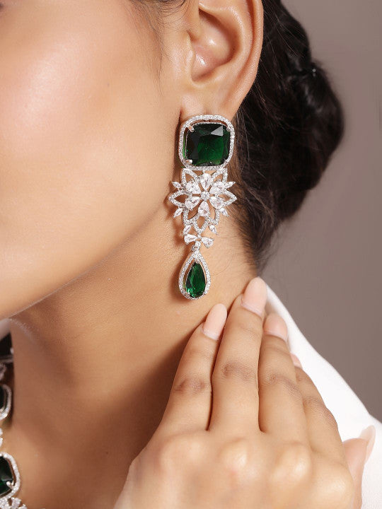 Ishin Green Colour Silver Plated American Diamond Drop Earring