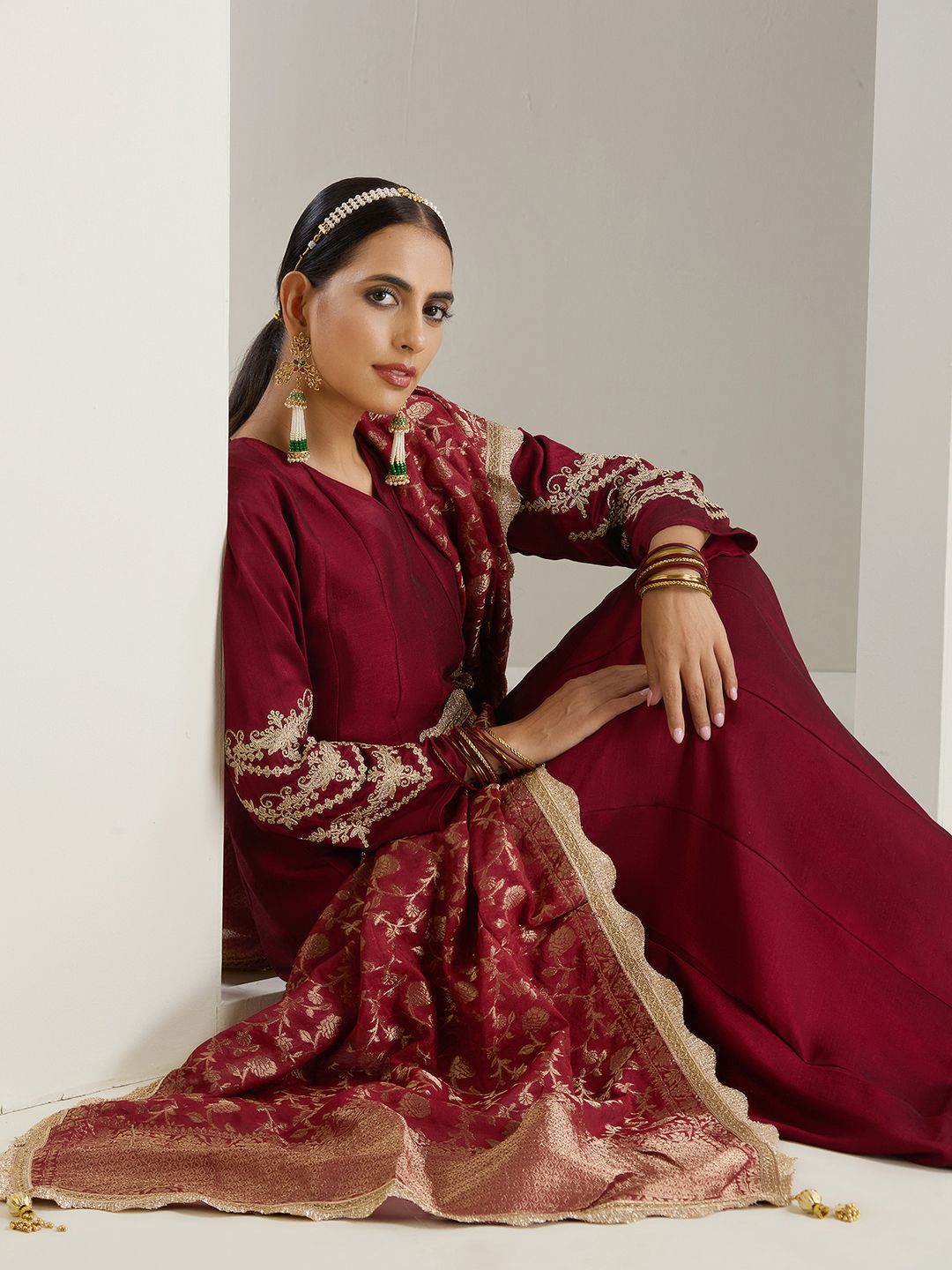 Rich Blended Burgundy Zari Embroidered Anarkali Dress With Brocade Dupatta And Latkhans