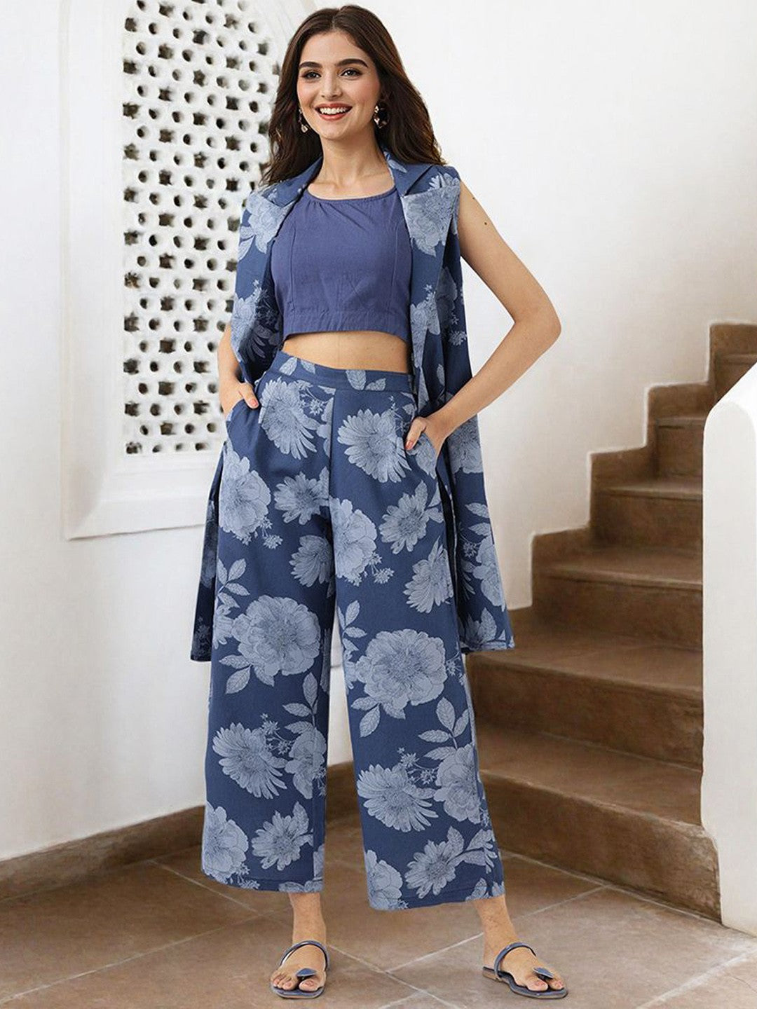 Comfy Pure Cotton Blue Floral Printed Co-Ords Set