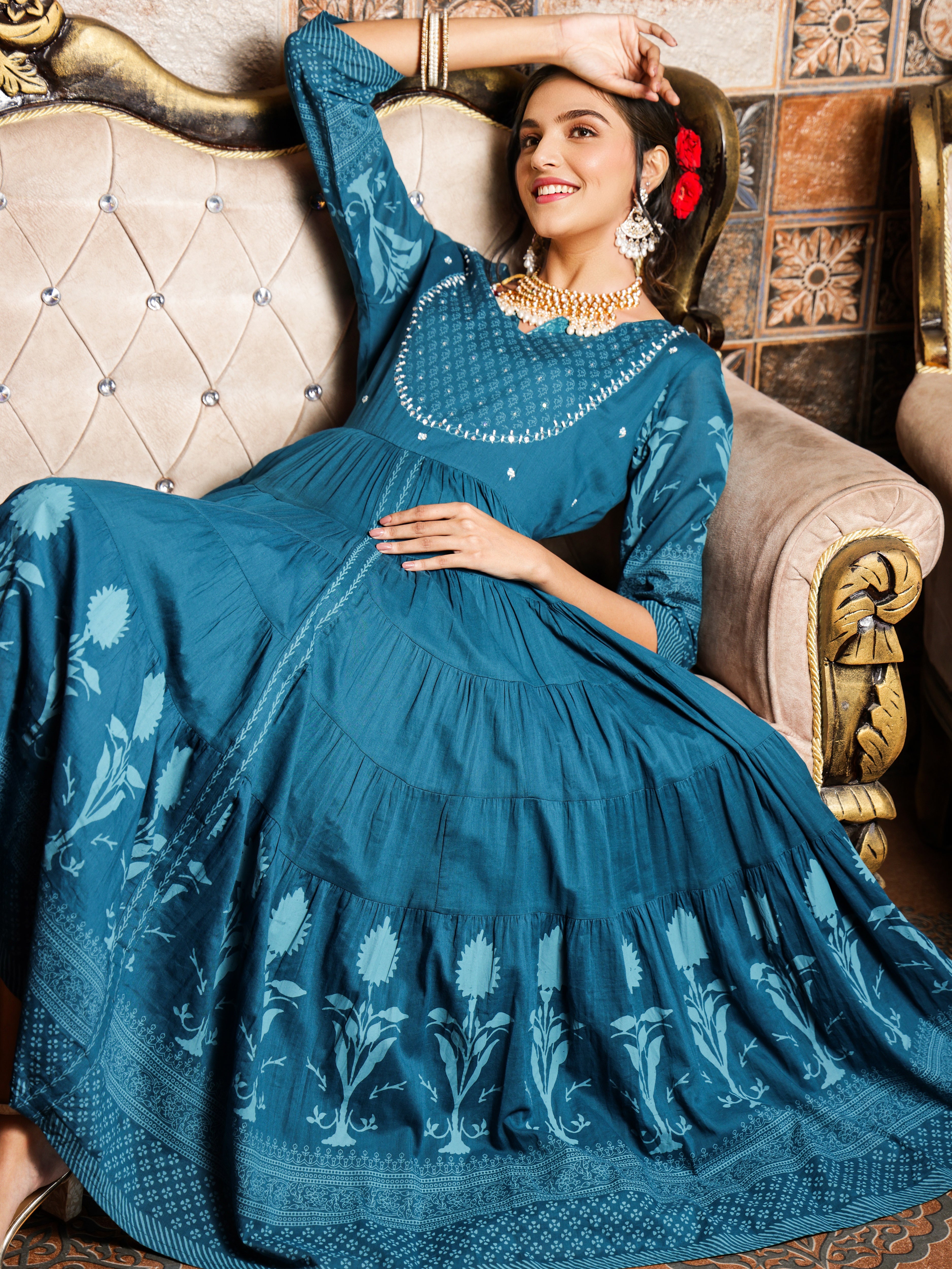 Cotton Teal Ethnic Printed Tiered Flare Maxi Dress With Tie-Up