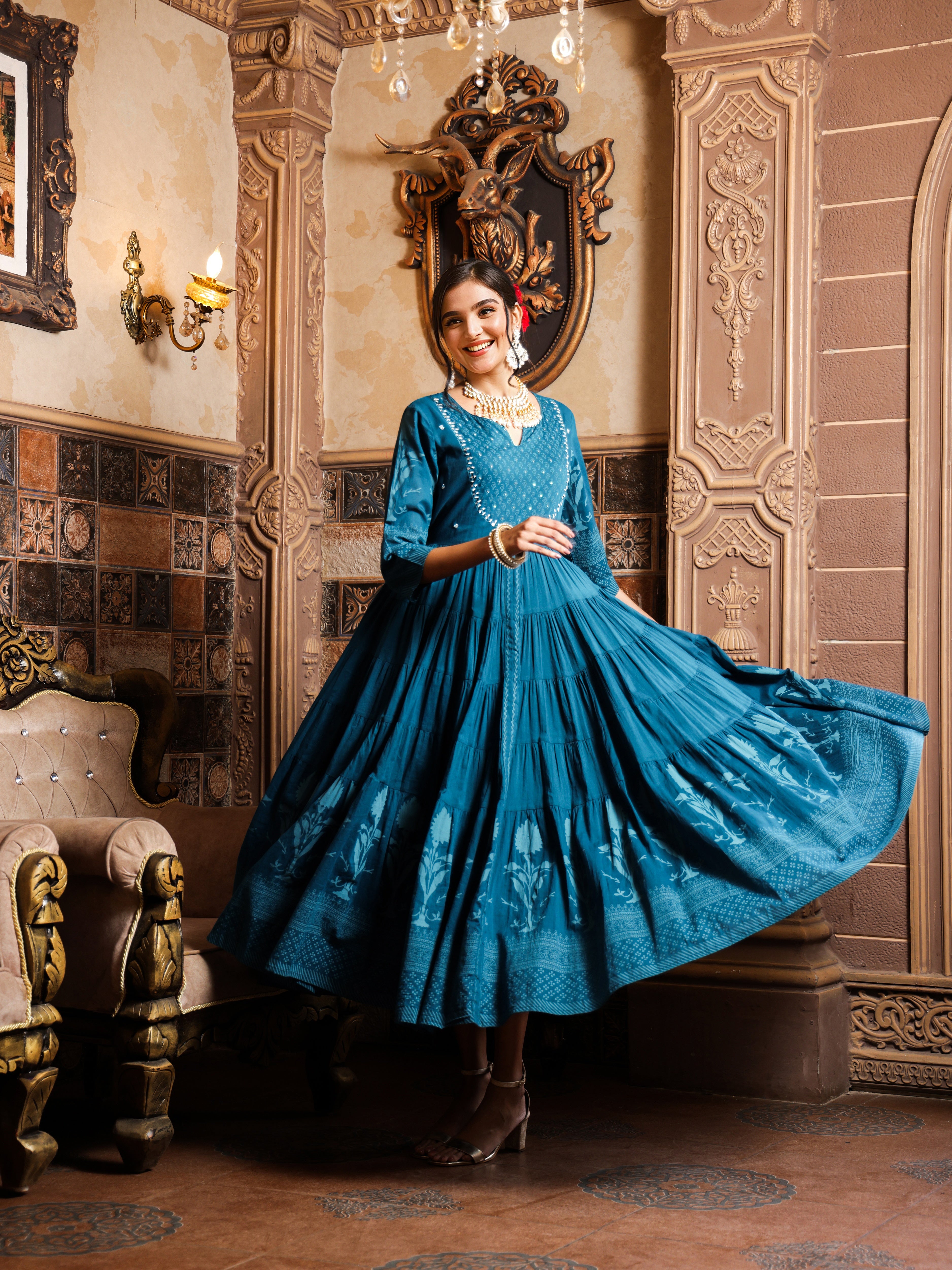 Cotton Teal Ethnic Printed Tiered Flare Maxi Dress With Tie-Up