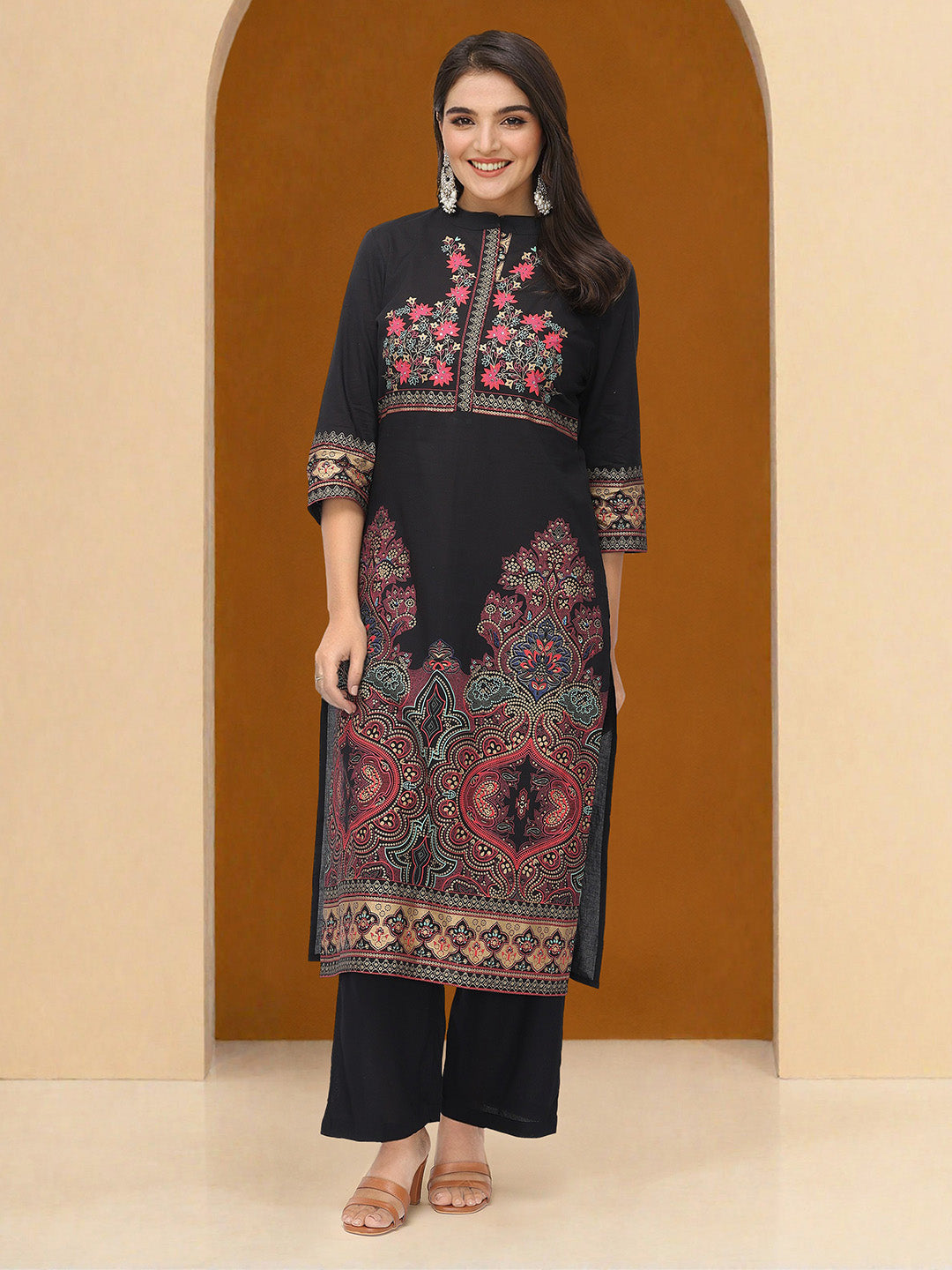 Soft Black Rayon Printed Straight Fit  kurta set