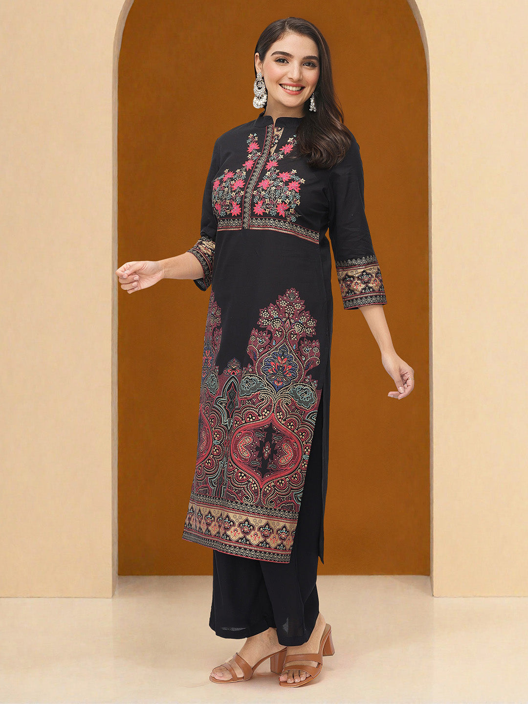 Soft Black Rayon Printed Straight Fit  kurta set
