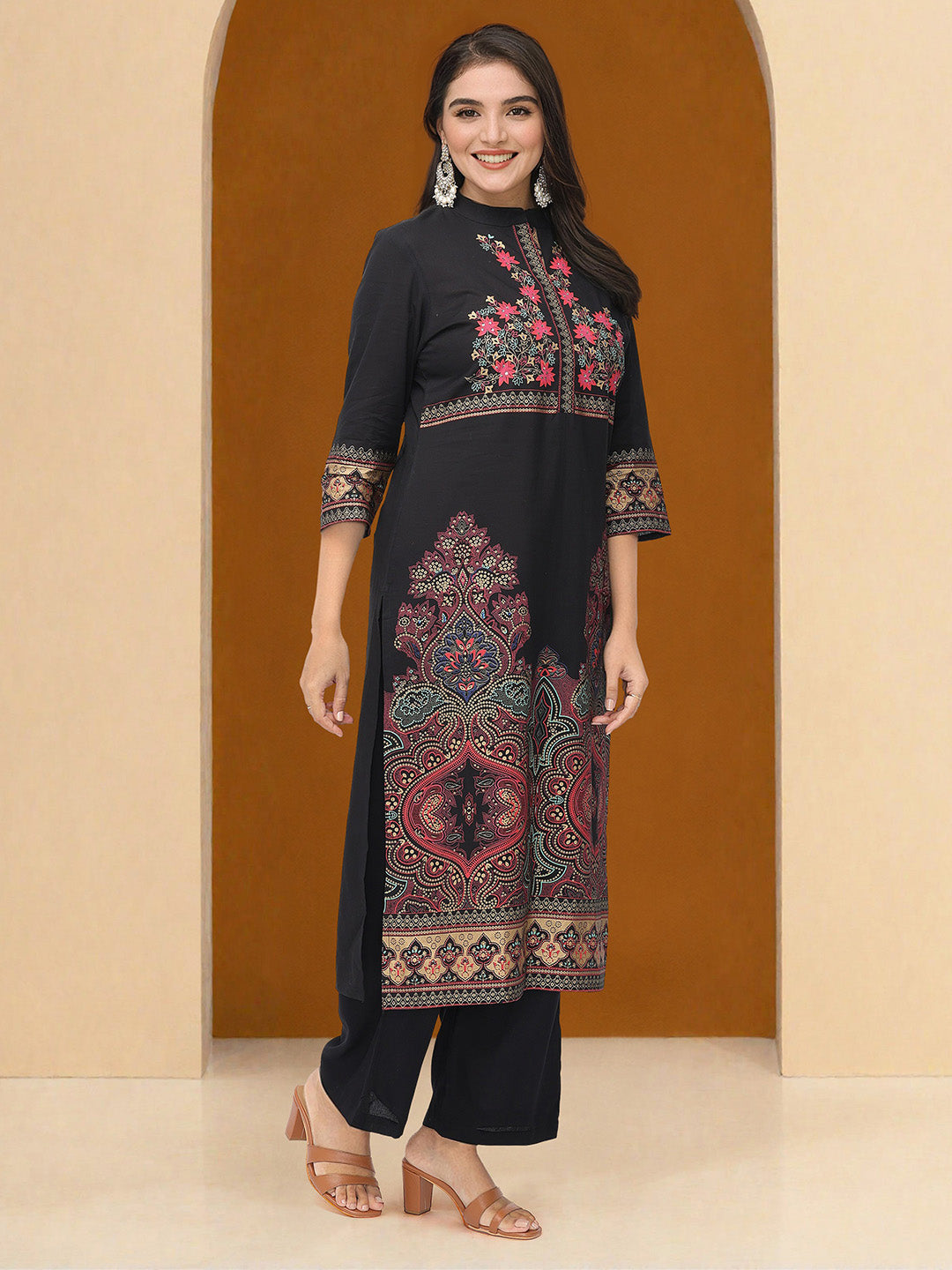 Soft Black Rayon Printed Straight Fit  kurta set