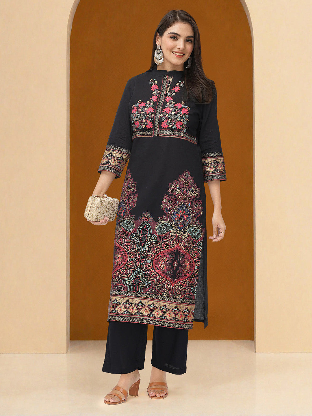 Soft Black Rayon Printed Straight Fit  kurta set