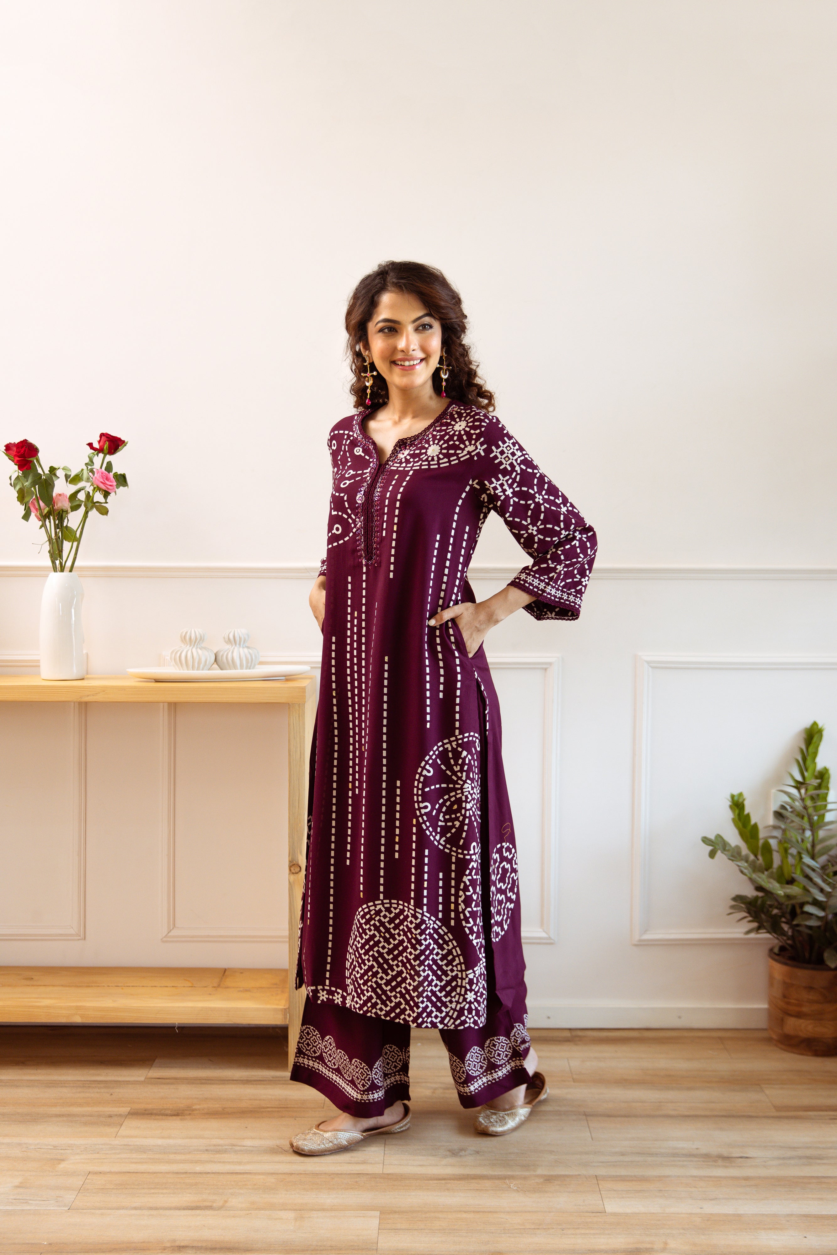 Comfy Wine Viscose Rayon Floral Printed A-Line Kurta Set With Palazzo Bottom