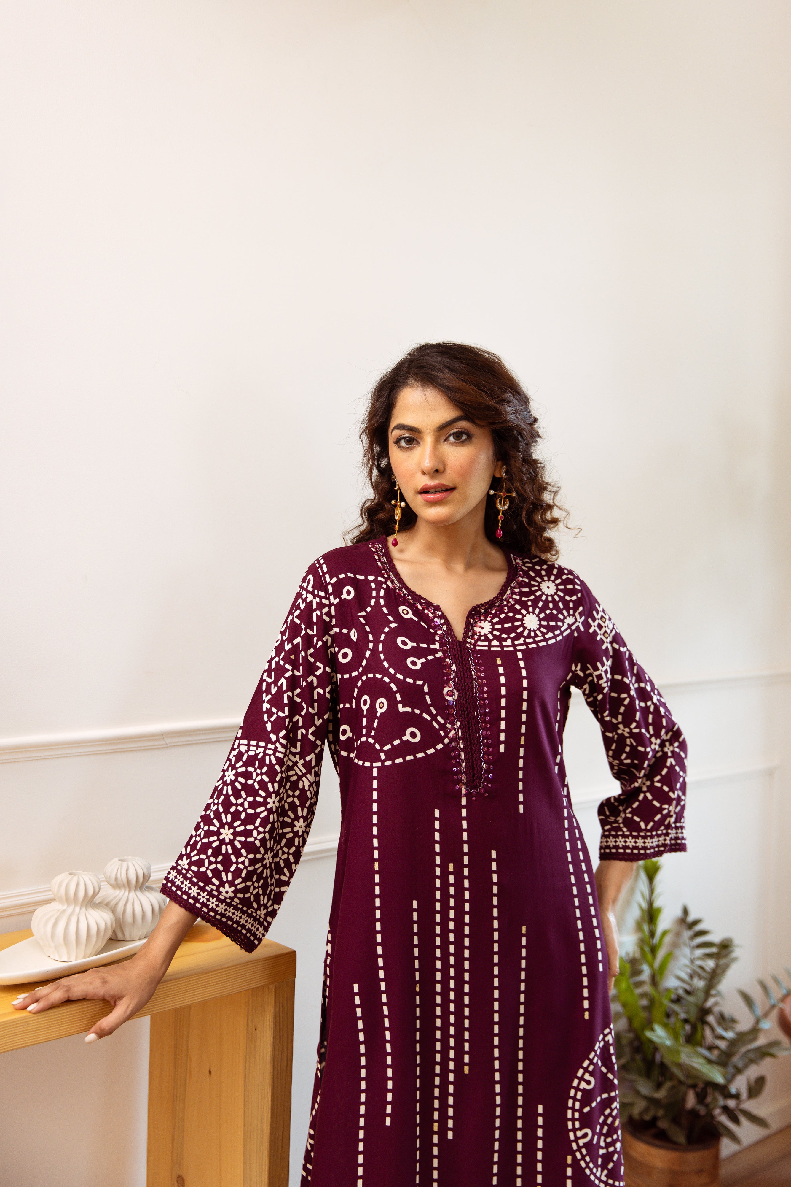 Comfy Wine Viscose Rayon Floral Printed A-Line Kurta Set With Palazzo Bottom
