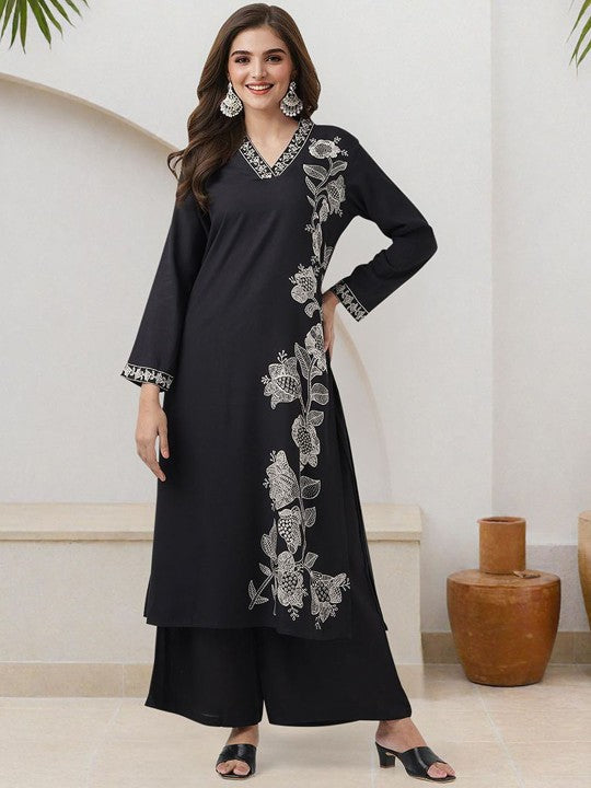 Comfy Black Viscose Rayon Bold Printed Kurta Set With Palazzo Bottom And Pocket