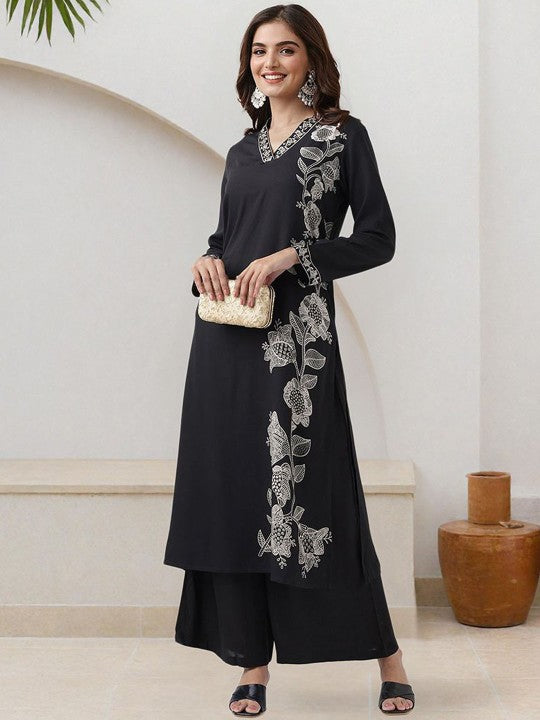 Comfy Black Viscose Rayon Bold Printed Kurta Set With Palazzo Bottom And Pocket