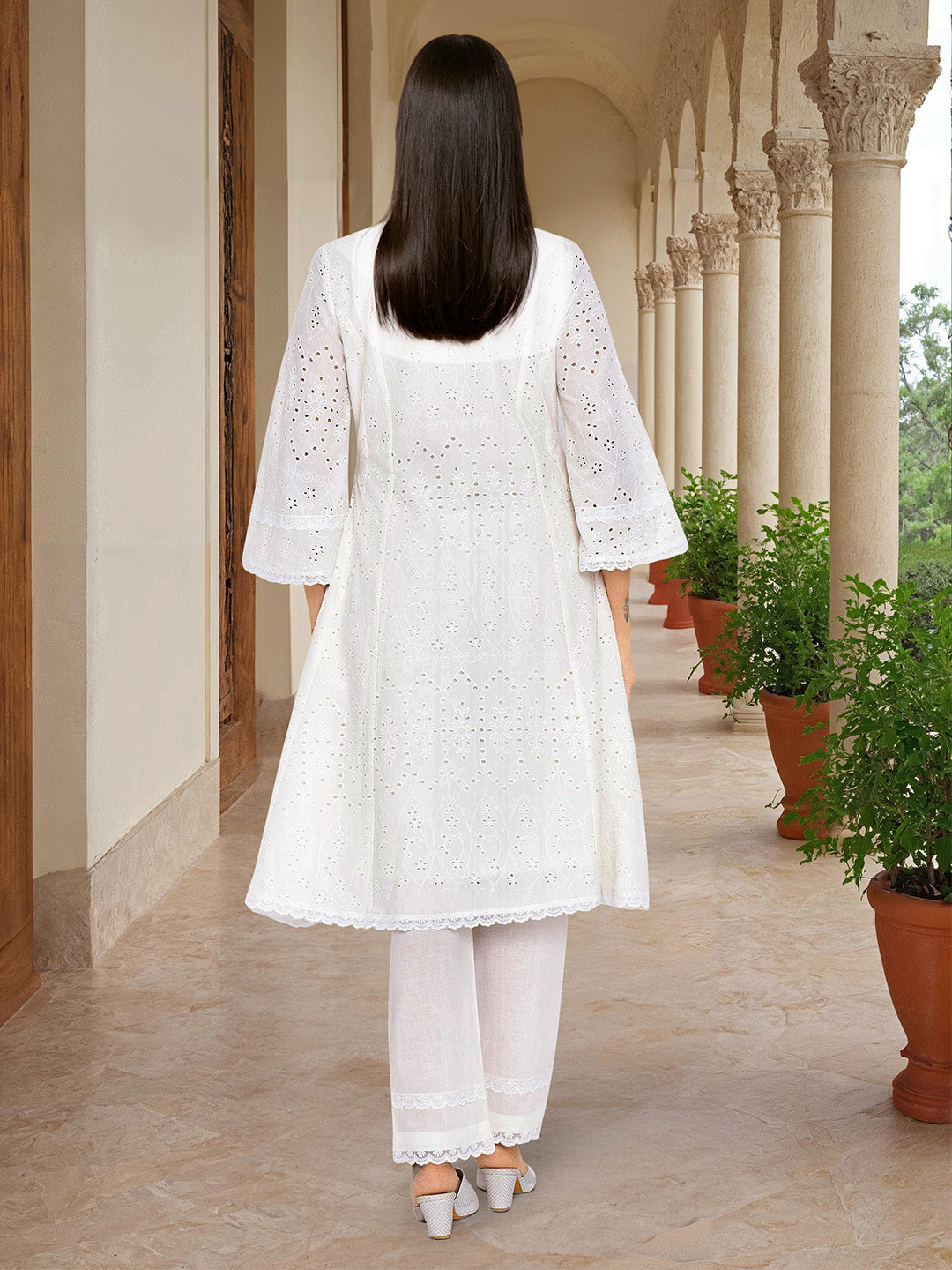 Comfy Off white Schiffli Pure Cotton Kurta Set with Lace Scallop Detailing