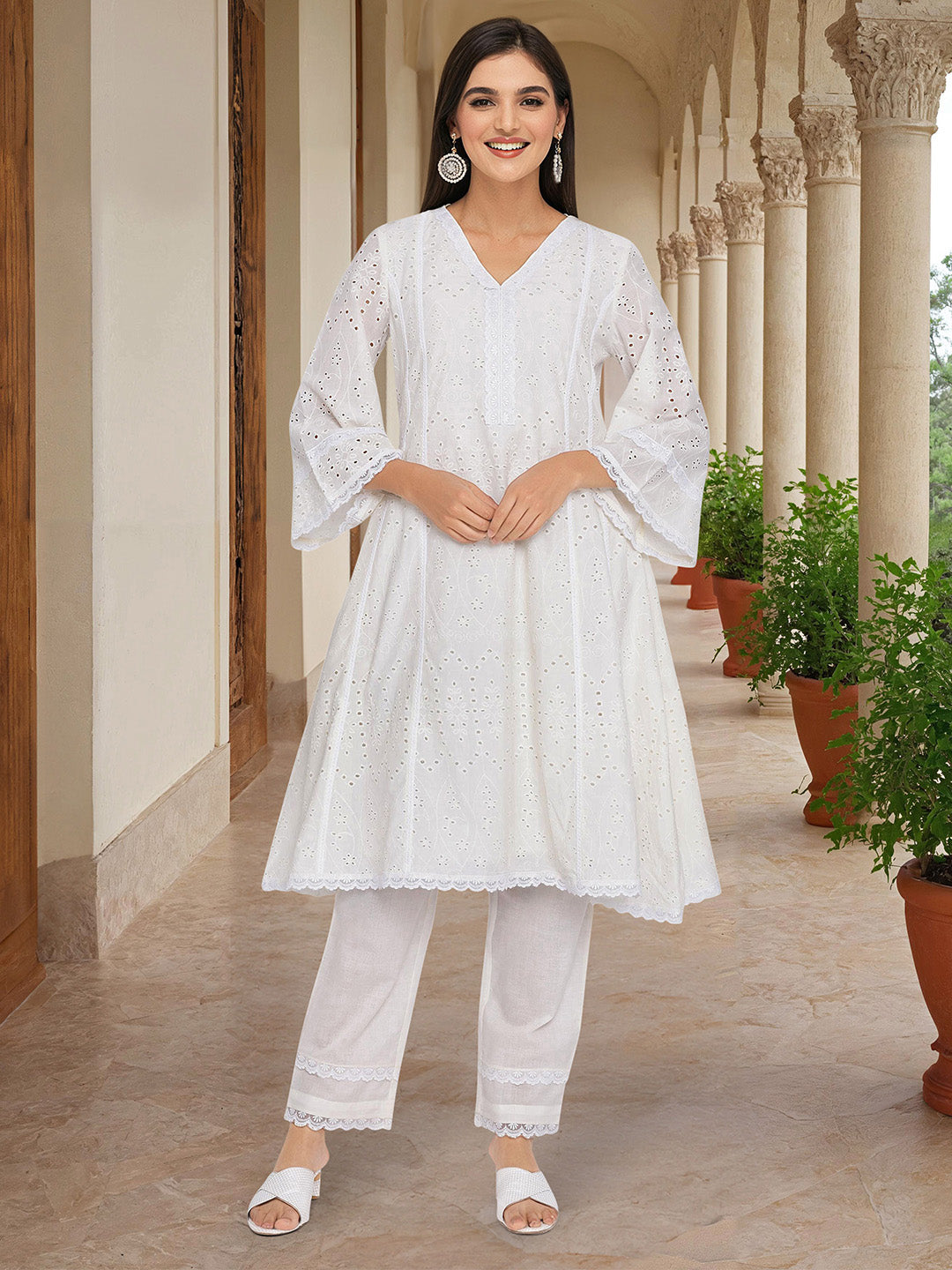 Comfy Off white Schiffli Pure Cotton Kurta Set with Lace Scallop Detailing
