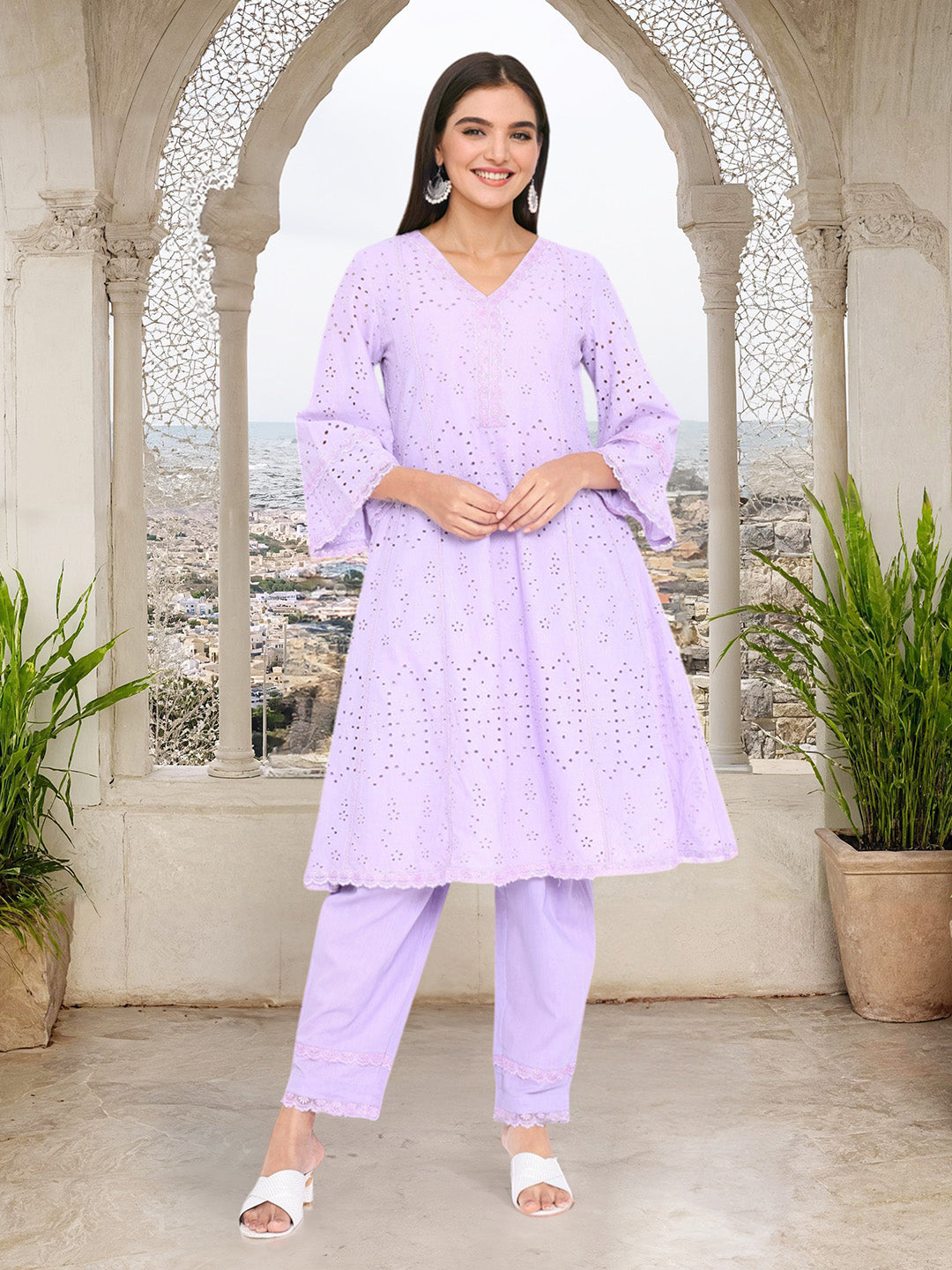 Comfy Blue Schiffli Pure Cotton Kurta Set with Lace Scallop Detailing