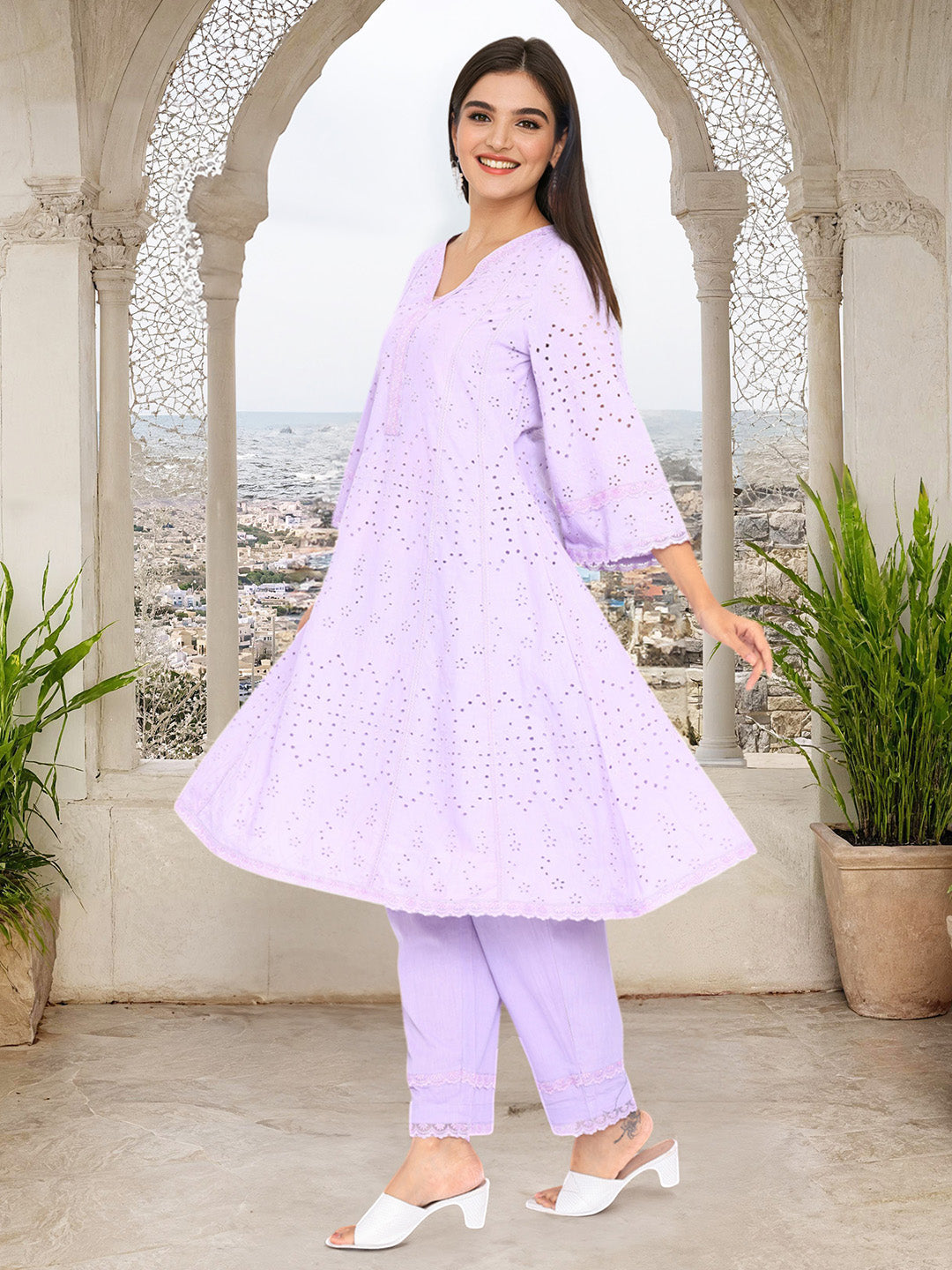 Comfy Blue Schiffli Pure Cotton Kurta Set with Lace Scallop Detailing