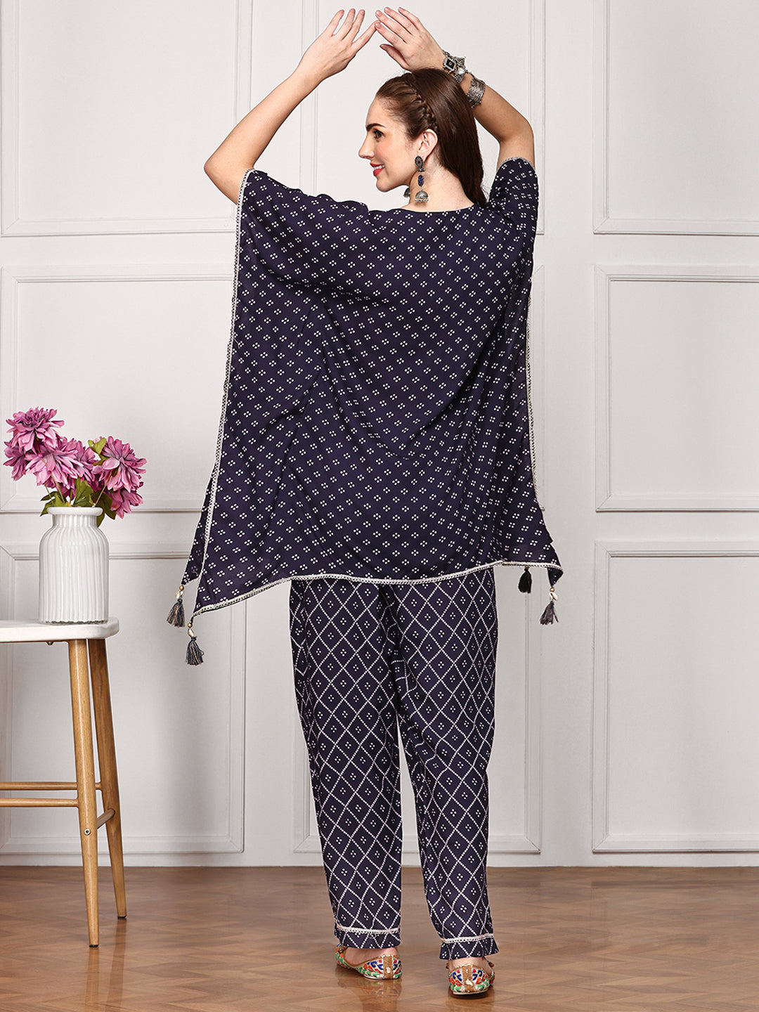 Comfy navy blue Viscose rayon bandhani printed Kaftan kurta set