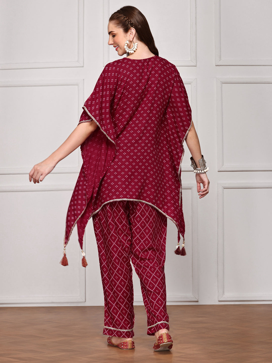 Comfy Maroon Viscose rayon bandhani printed Kaftan kurta set