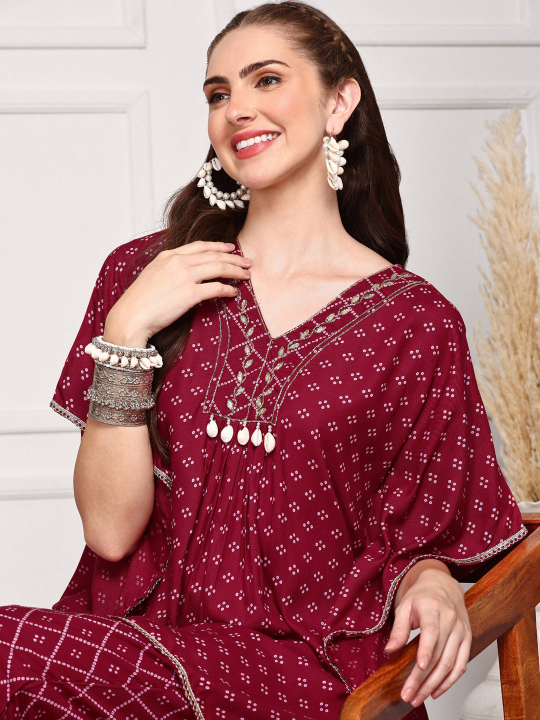 Comfy Maroon Viscose rayon bandhani printed Kaftan kurta set