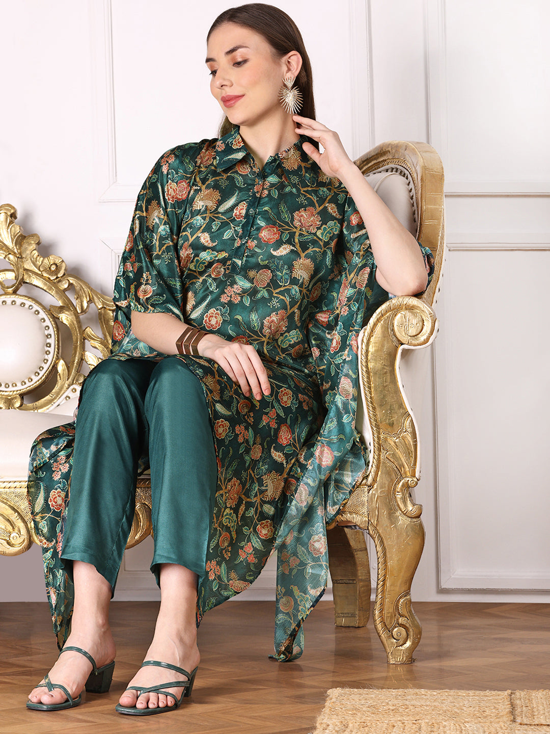 Ishin Women Green Floral Printed Asymmetric Kimono Sleeve Kaftan Kurta with Trousers