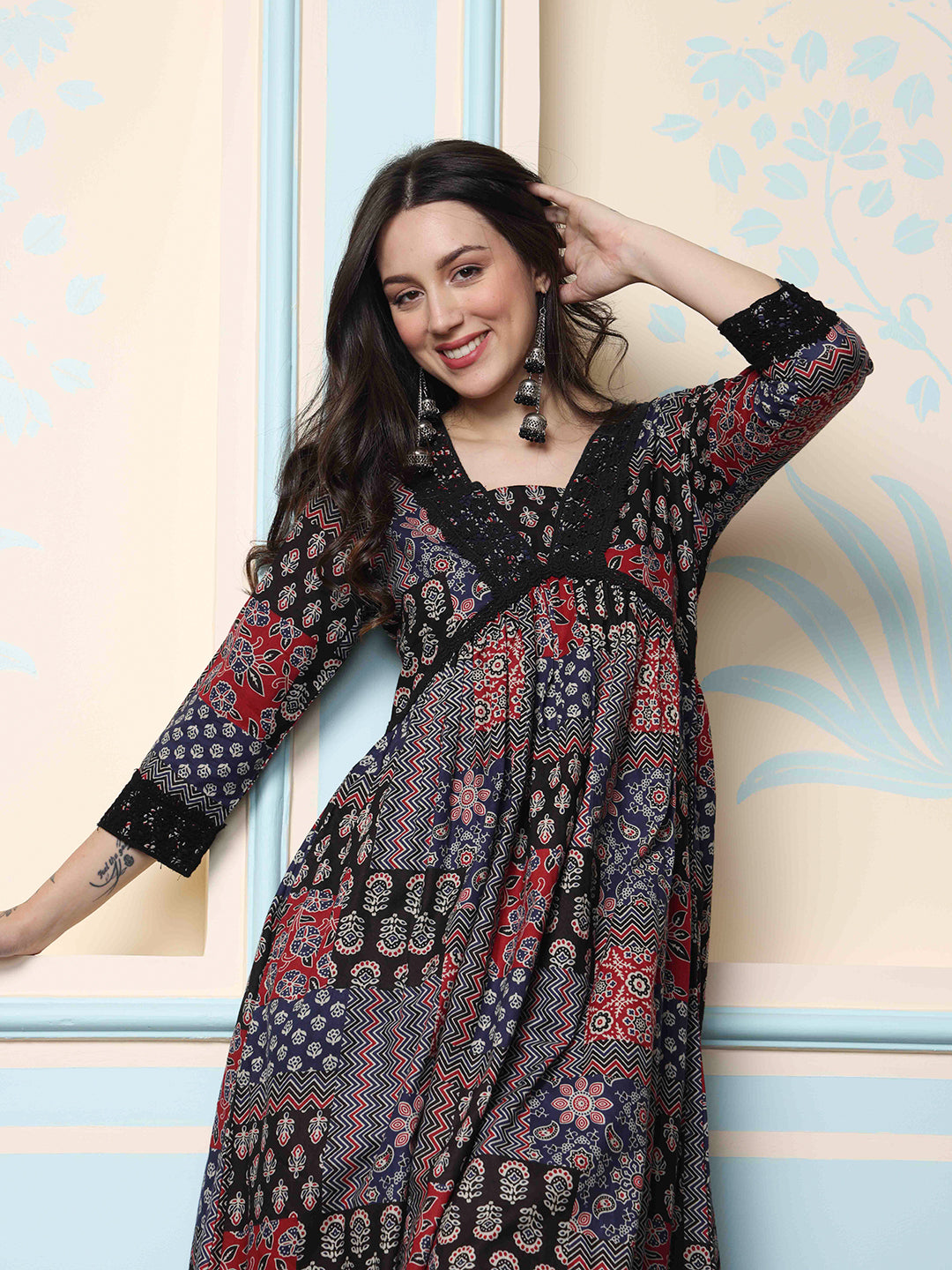 Comfy Cotton Laced Black Floral Printed A-Line Kurta Set With Straight Bottom