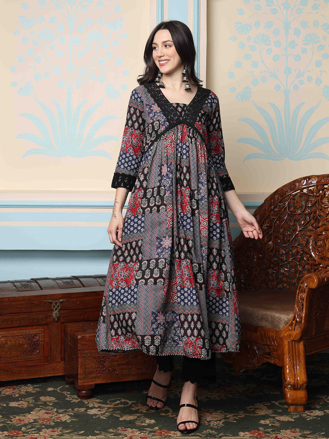 Comfy Cotton Laced Black Floral Printed A-Line Kurta Set With Straight Bottom