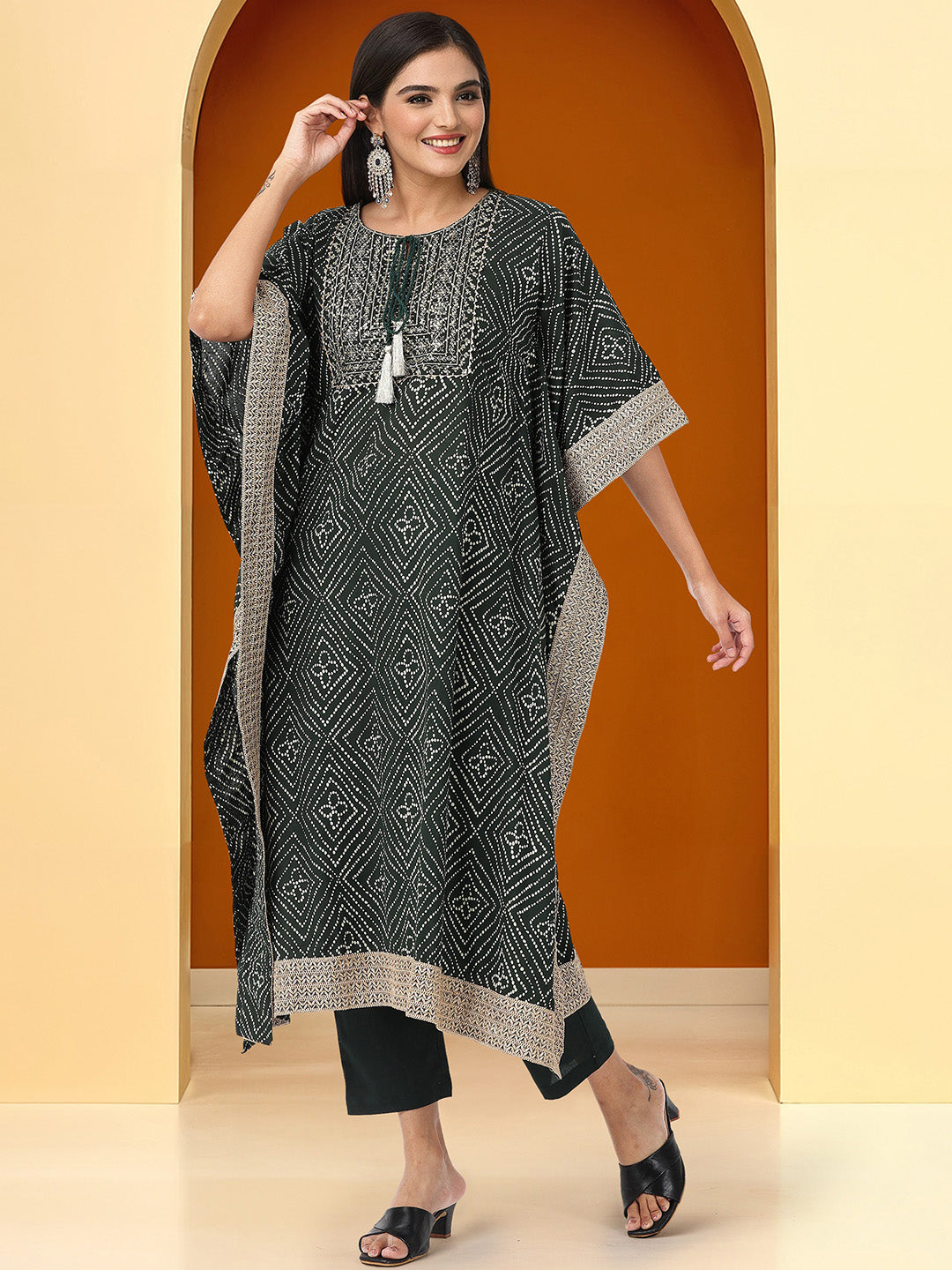 Comfy Green Rayon printed Kaftan fusion set